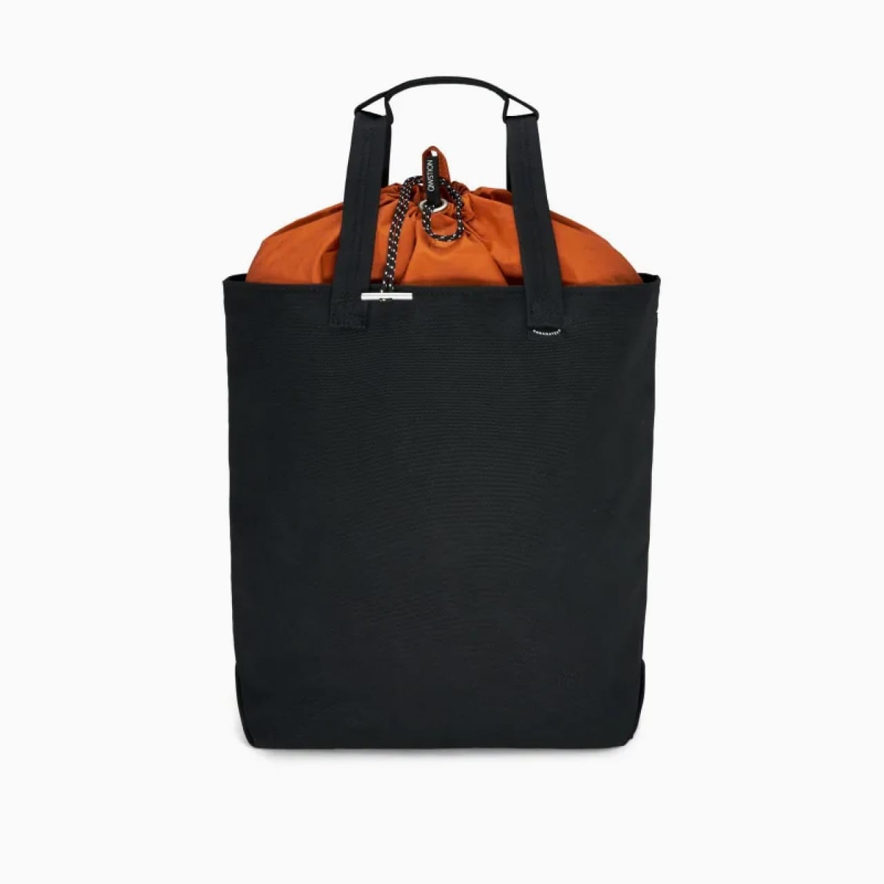 White fabric pouch with white zipper, black zipper pull, and black elastic loop.